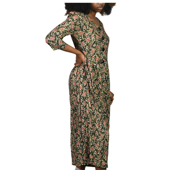 Vintage Rabbit Floral Jumpsuit Black Rayon Wide Leg Ditsy Microprint Calico XS - Picture 2 of 12